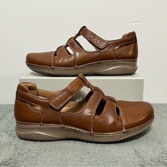 Clarks Unstructured Leather Appley Strap Sandals Womens Size 9 Brown - Picture 3 of 12